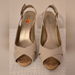 #01 GUESS Women's Cream Peep Toe Slingback Heels